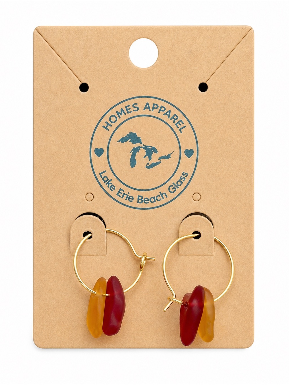 Lake Erie Beach Glass Gold Hoops with Red and Amber Glass Charms